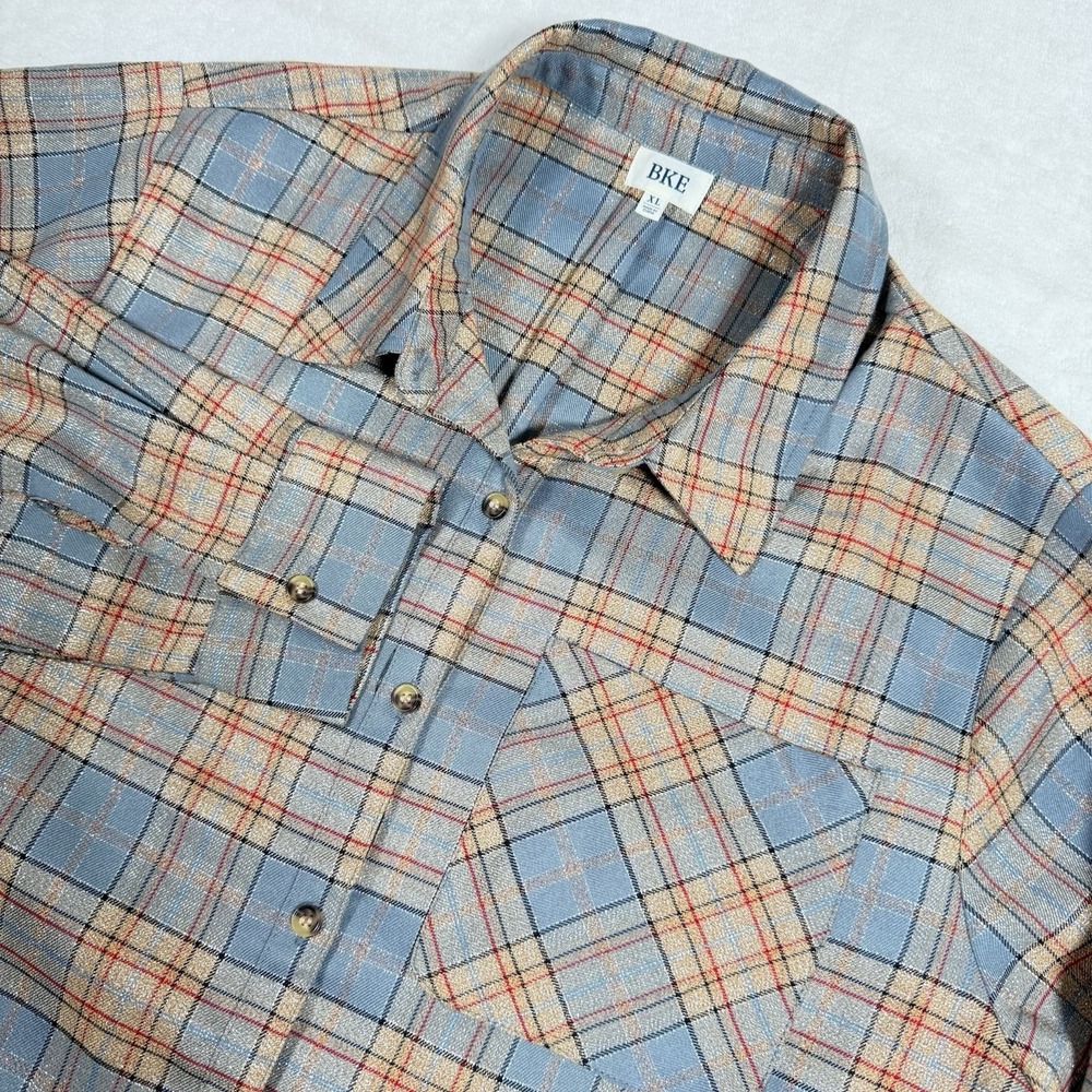 BKE Shirt Women XL Plaid Long Sleeve Button Pocket Gold Glitter Thread Party Y2K